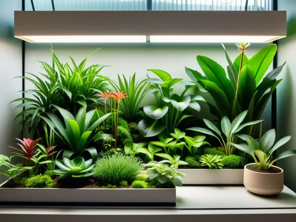 Exuberante jardín interior de plantas carnívoras para interiores, con detalles y luz suave