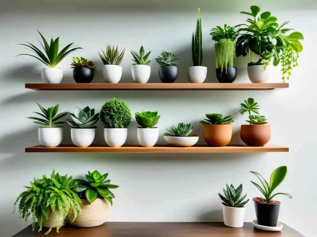 Un exuberante jardín interior con plantas en estantes minimalistas blancos