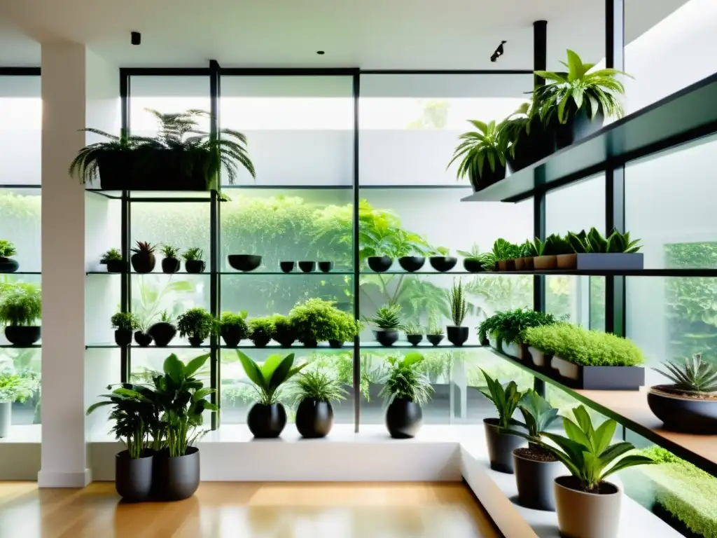 Un exuberante jardín interior con plantas en estantes modernos junto a ventanas de piso a techo