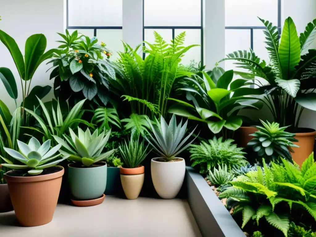 Un exuberante jardín interior con plantas en macetas variadas