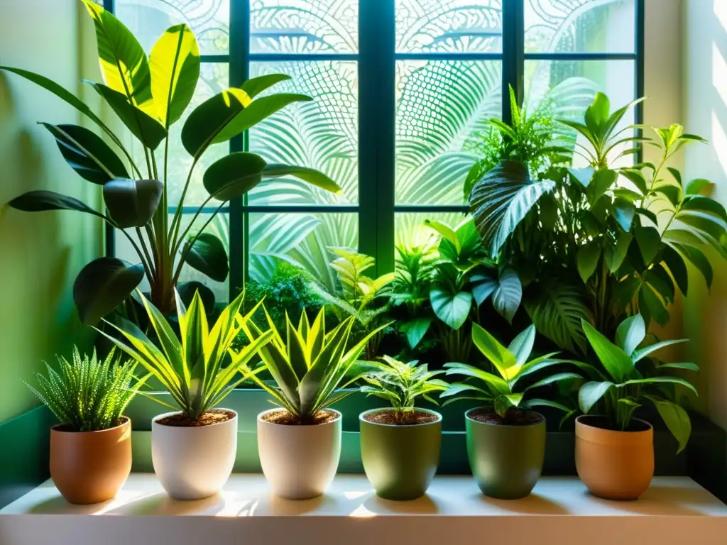 Un exuberante jardín interior con plantas en macetas, variadas tonalidades de verde y texturas únicas