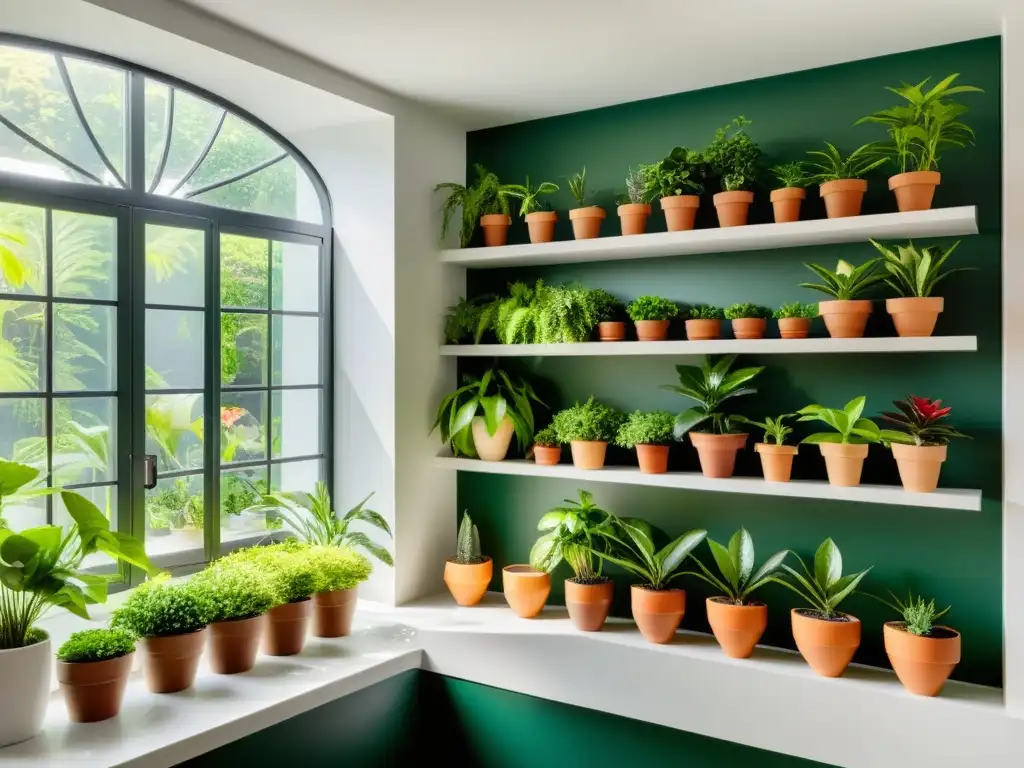 Jardín interior sereno con plantas en macetas Un exuberante jardín interior con plantas en macetas, bañado por la cálida luz del sol