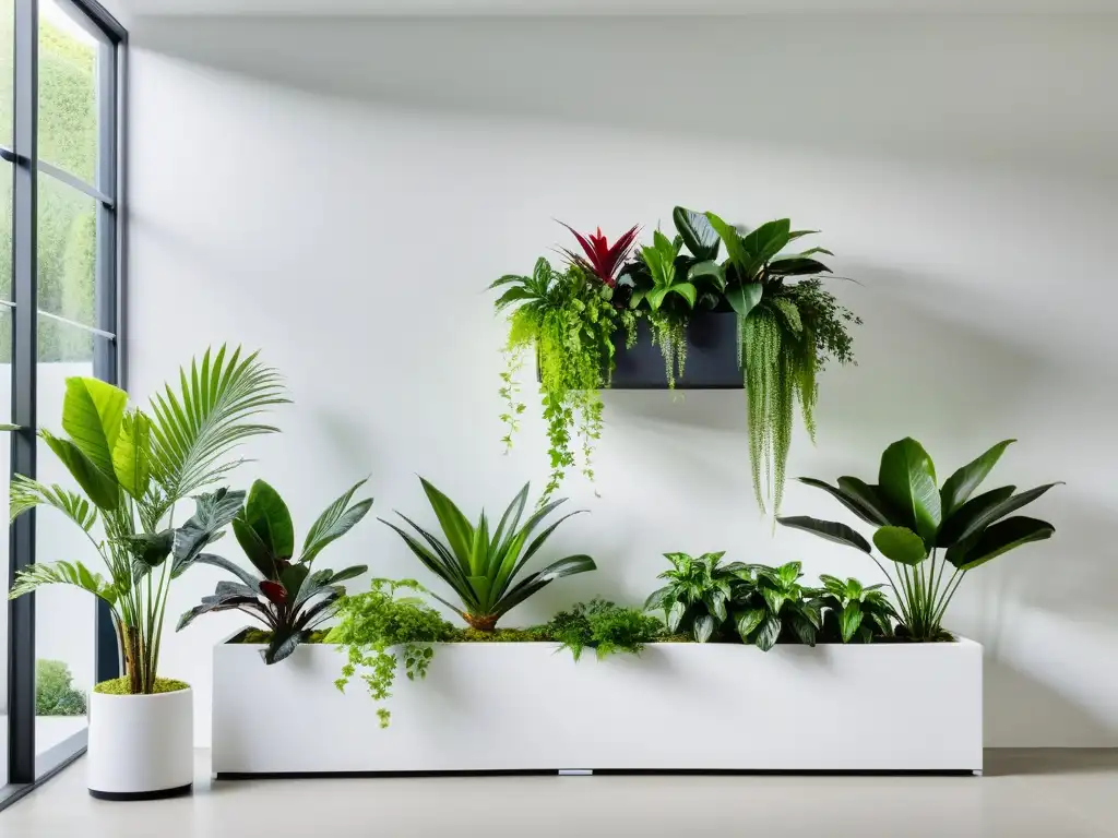 Un exuberante jardín interior con plantas en modernos maceteros, creando un oasis sereno y acogedor