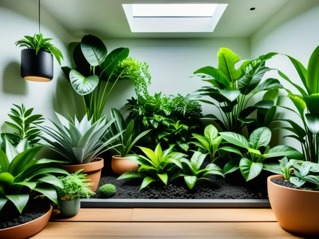 Un exuberante jardín interior con plantas saludables en abonos caseros, mostrando la belleza natural y los beneficios de cuidar plantas de interior