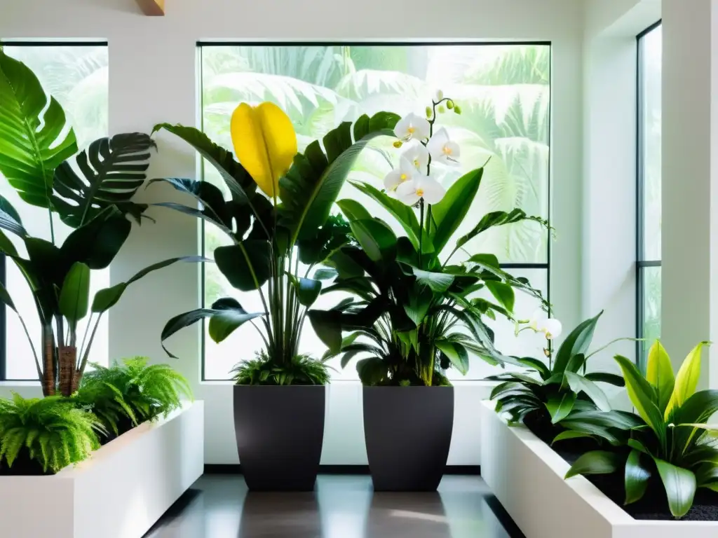 Exuberante jardín interior con plantas tropicales en macetas modernas