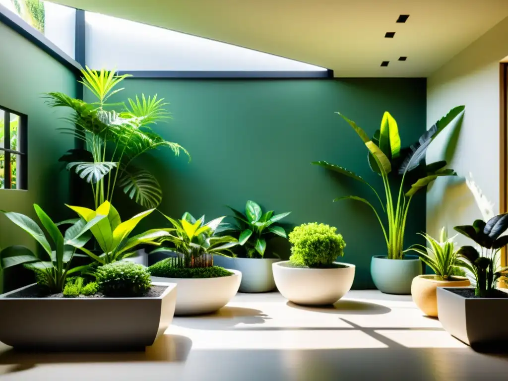 Un exuberante jardín interior con plantas variadas adaptadas al cambio climático, creando un oasis sereno y visualmente impresionante en casa