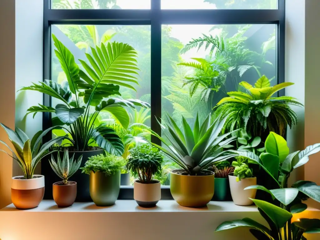 Un exuberante jardín interior con plantas verdes en macetas modernas, iluminado por la cálida luz solar