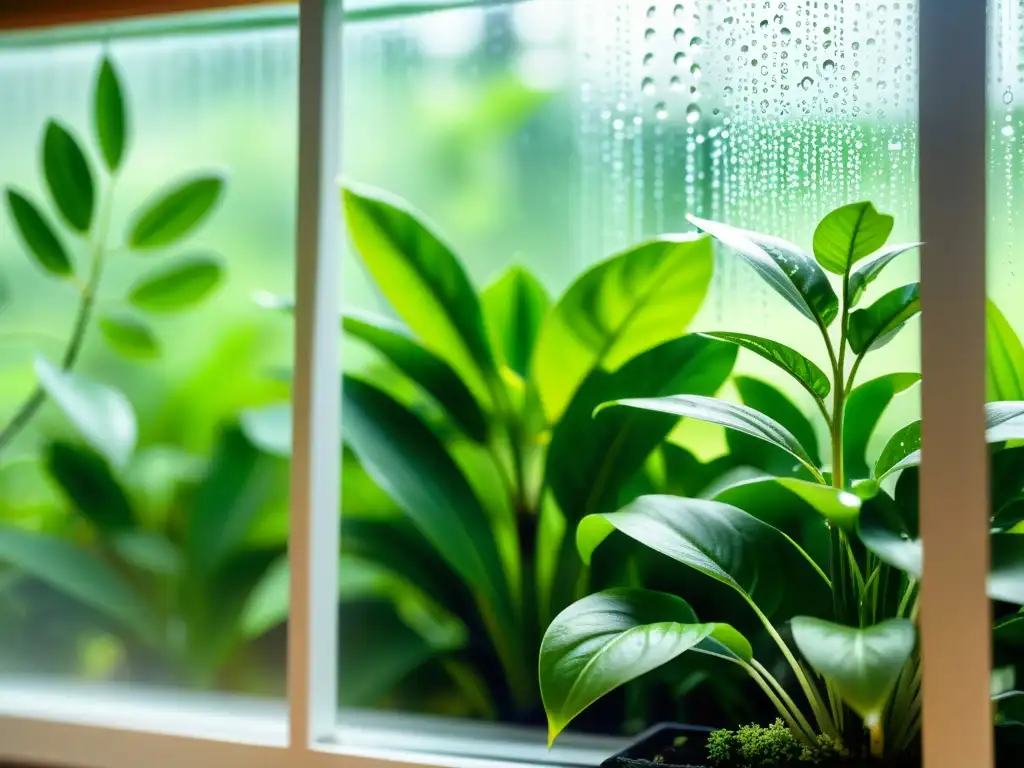 Un exuberante jardín interior con plantas vibrantes y control de humedad, en un ambiente sereno y tranquilo