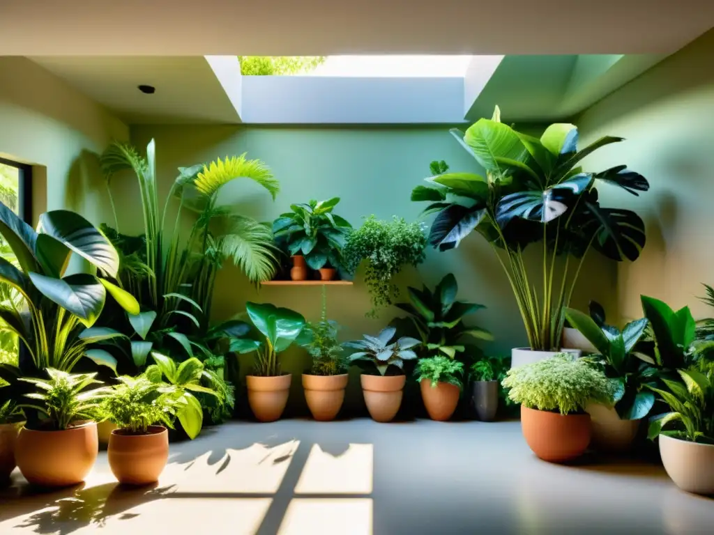 Un exuberante jardín interior con plantas vibrantes, creando una composición armoniosa