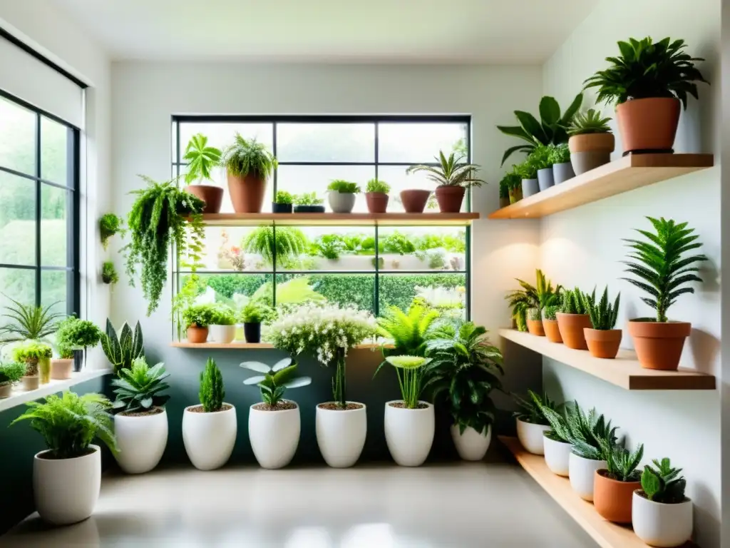 Un exuberante jardín interior que muestra una variedad de plantas en macetas, adaptar jardín interior al cambio climático