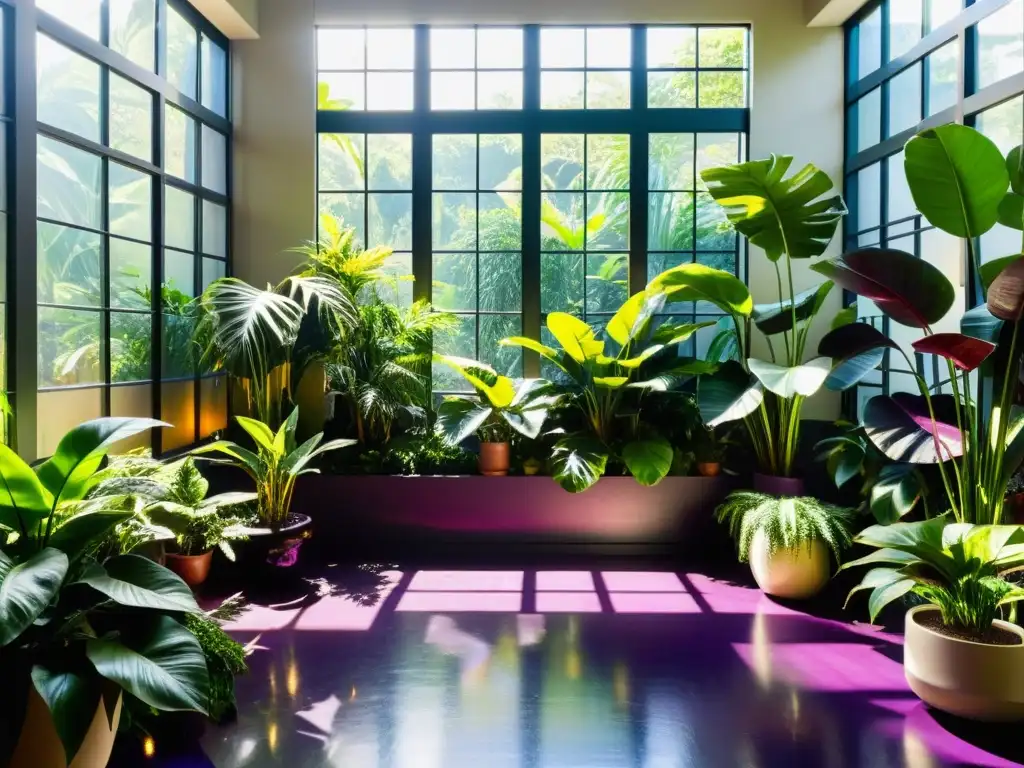 Un exuberante jardín tropical en un espacio interior iluminado por el sol, con plantas exóticas vibrantes