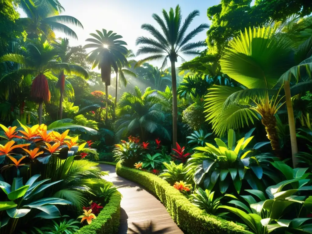 Un exuberante jardín tropical con palmeras altas, flores coloridas y senderos serpenteantes, creando un ambiente tranquilo y vibrante