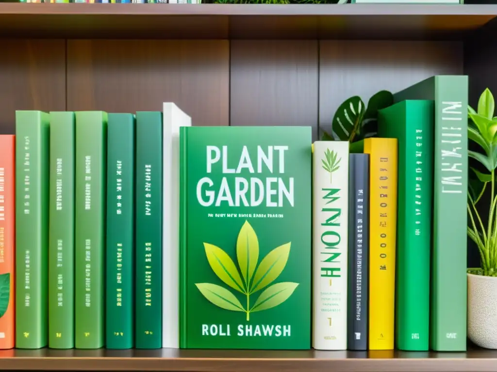 Un jardín interior exuberante con libros ilustrados para cuidar plantas en estantes minimalistas