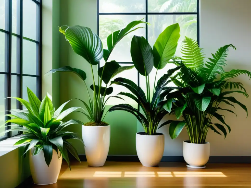 Rincón interior exuberante con las mejores plantas para rincones sombríos en modernas macetas, en una atmósfera serena y acogedora