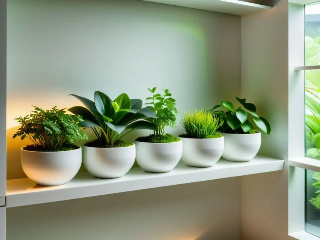 Un exuberante microjardín interior con plantas verdes en macetas blancas, iluminado por luz natural