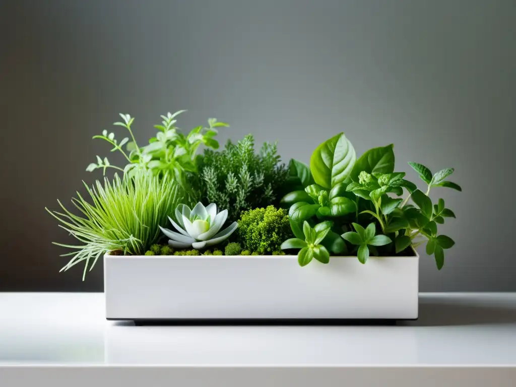 Un exuberante microjardín en un moderno planter blanco