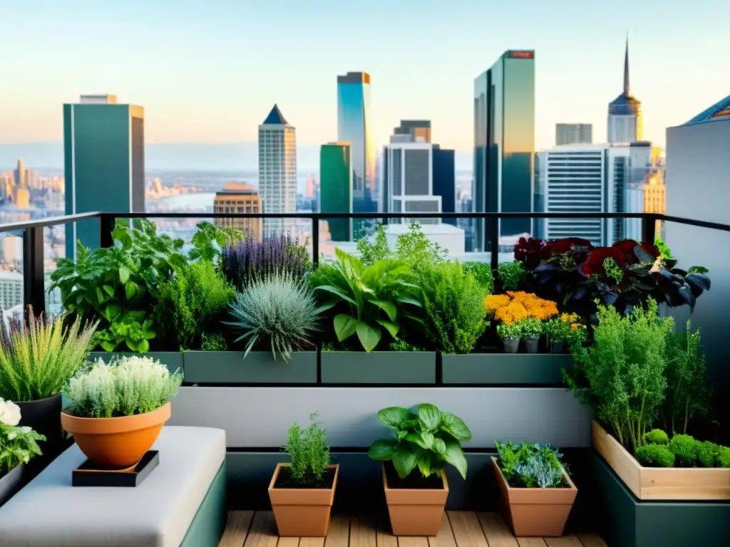 Un exuberante jardín de balcón moderno, con plantas en macetas minimalistas, destacando en el entorno urbano