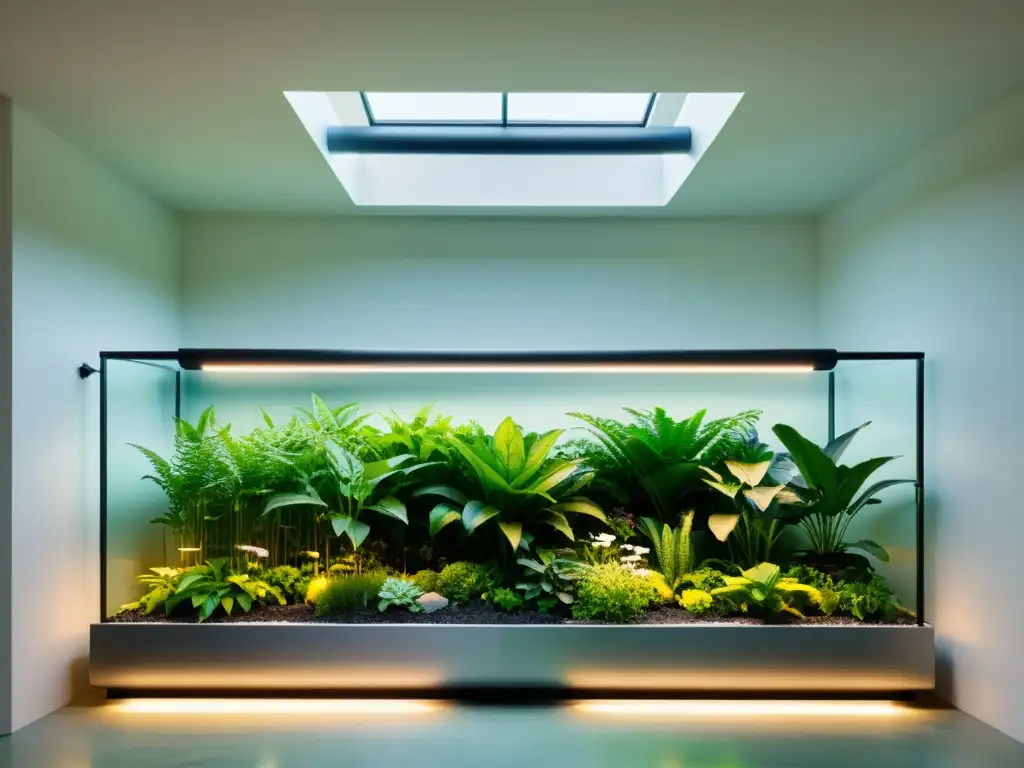 Un jardín interior exuberante con un moderno sistema de reutilización de agua para riego integrado de forma elegante