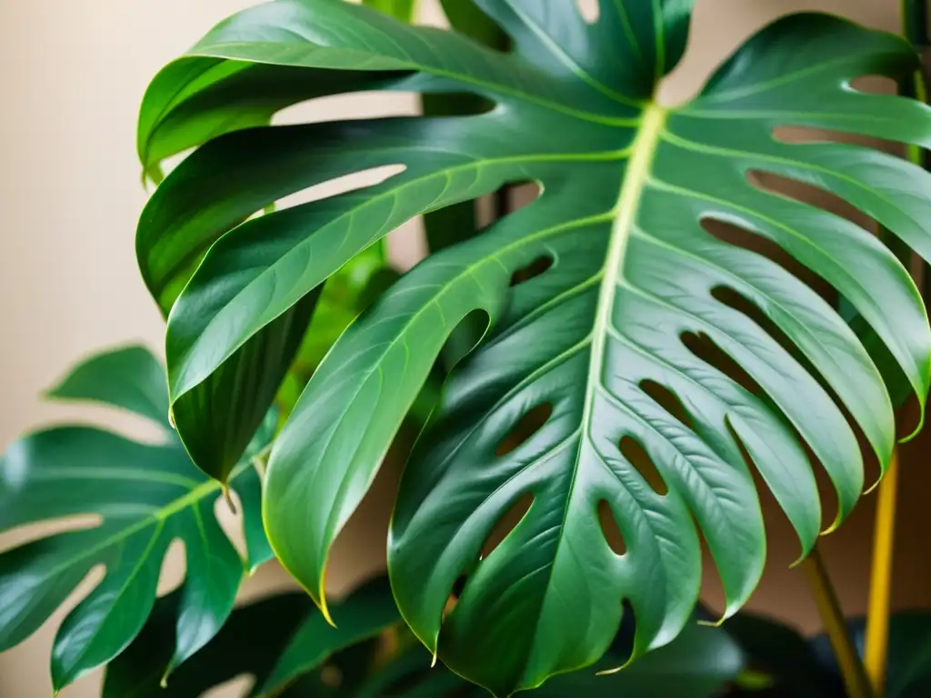 Una exuberante Monstera deliciosa bañada en luz natural, exhibiendo patrones y texturas, perfecta para Consejos de botánico para plantas de interior