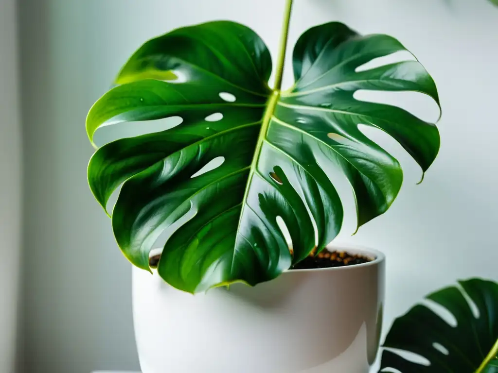 Una exuberante Monstera deliciosa en maceta blanca, con hojas brillantes y cortes naturales