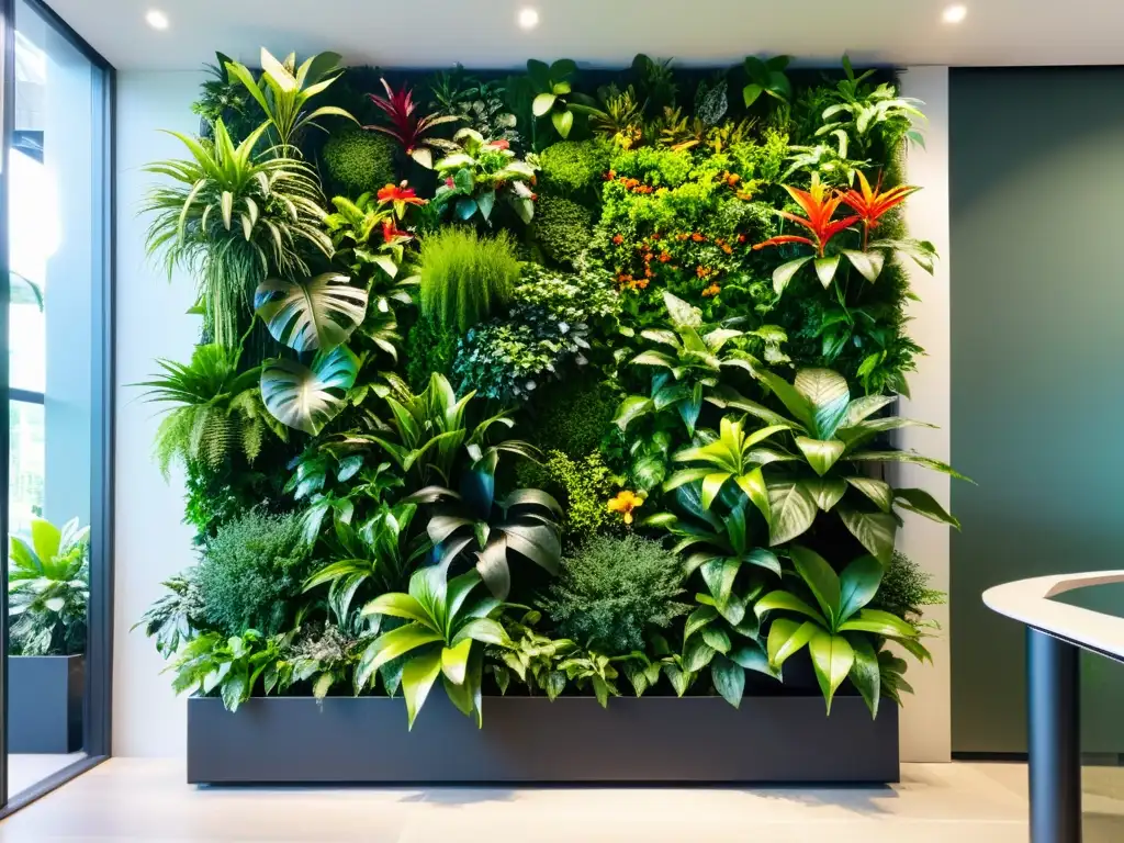 Un exuberante muro verde interior de plantas tropicales en un diseño de jardín vertical, con detalles nítidos y una atmósfera tranquila