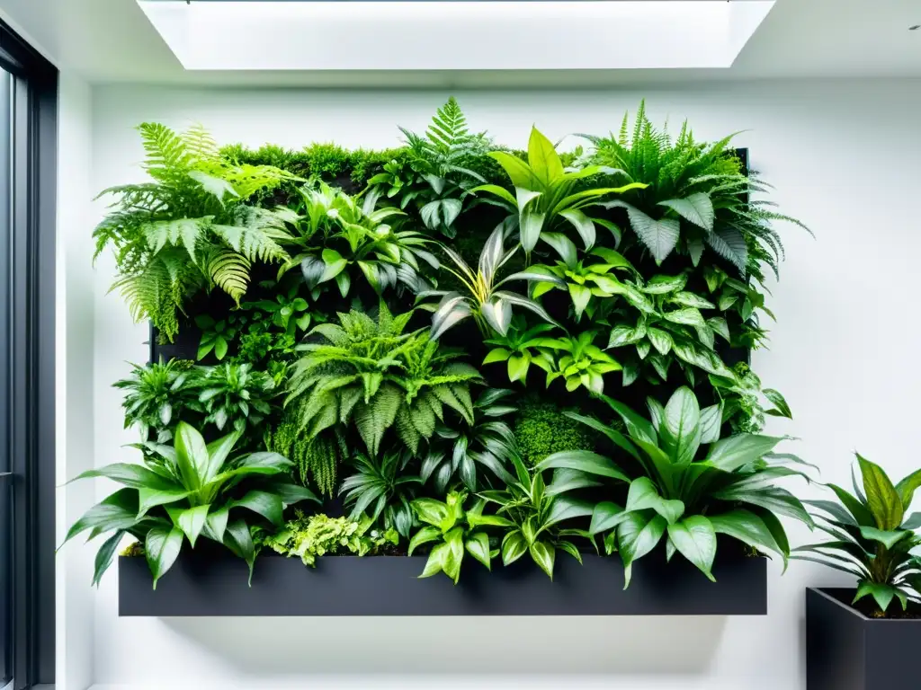 Un exuberante muro verde con una variedad de plantas vibrantes que crean un oasis urbano sereno