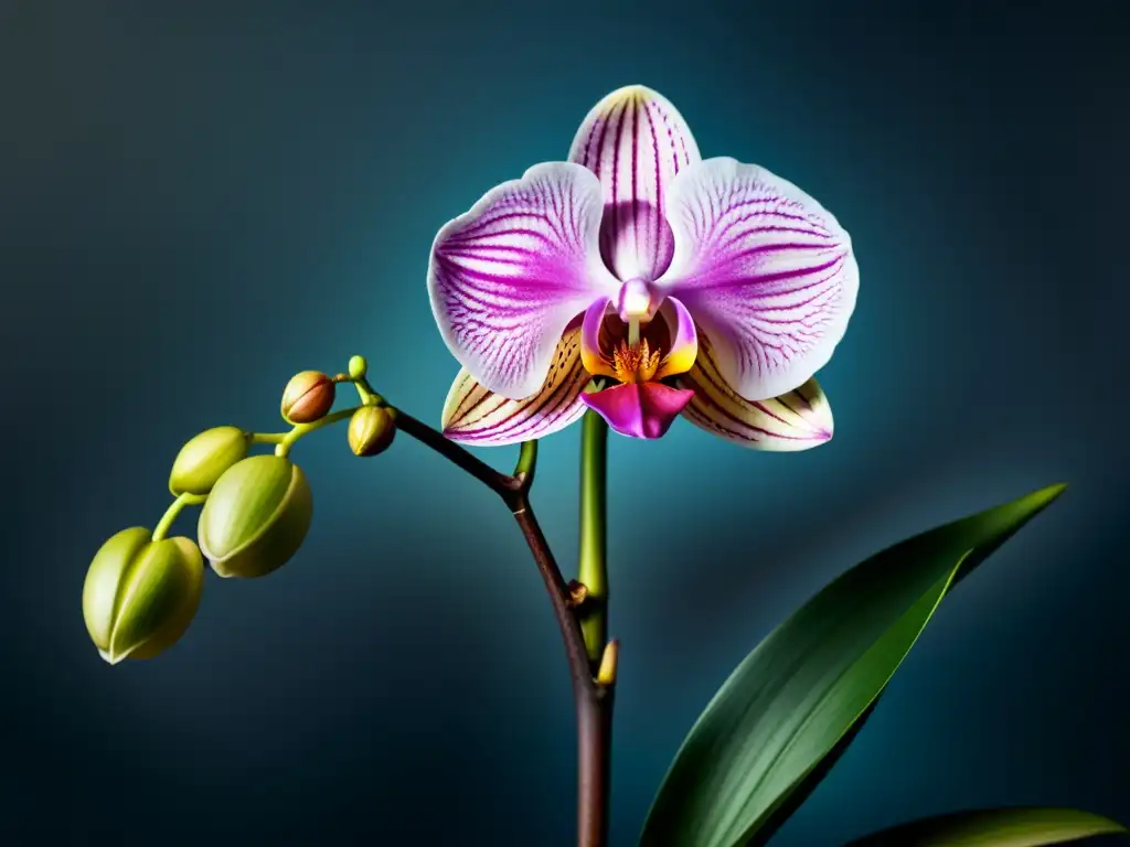 Una exuberante orquídea en flor destaca en un elegante entorno minimalista