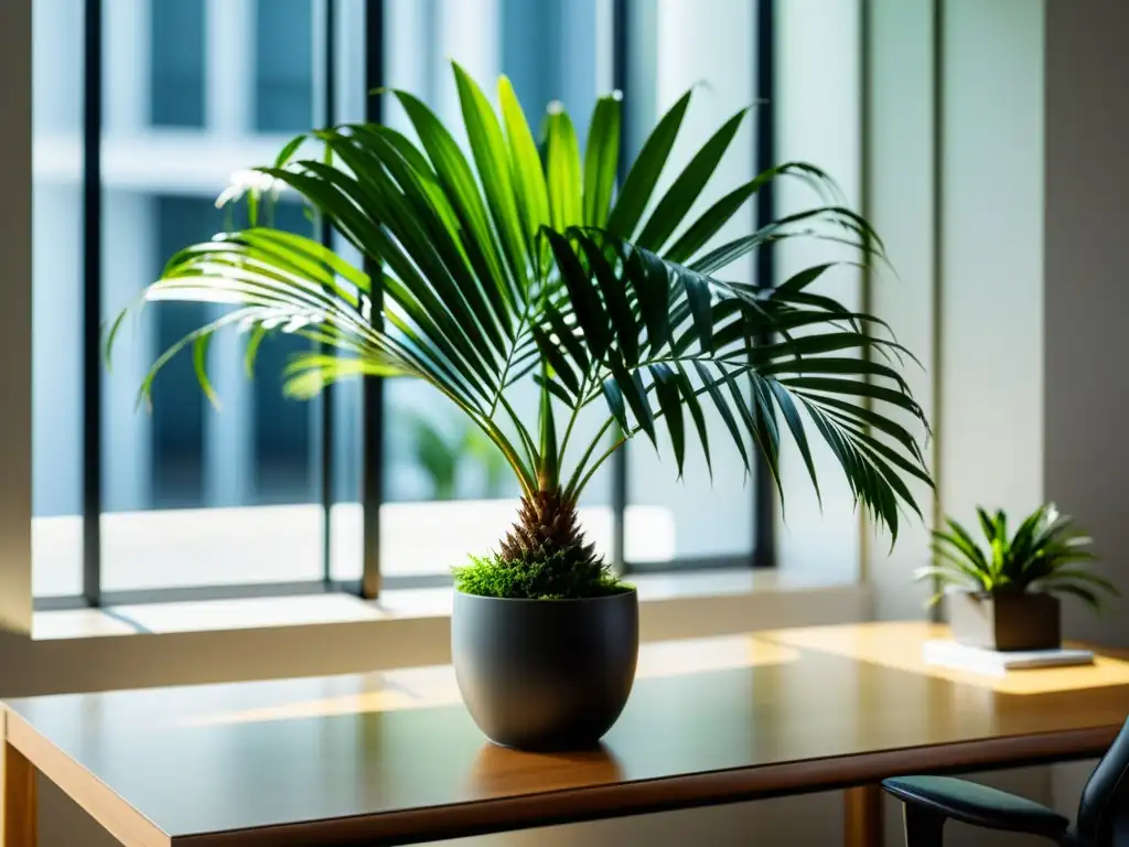 Una exuberante palma Areca en un entorno de oficina minimalista, ideal para plantas de interior en oficinas tranquilas