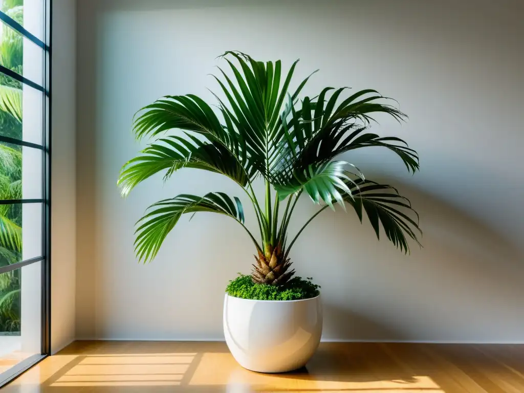 Una exuberante palma Areca destaca en un entorno minimalista y moderno, creando armonía y tranquilidad