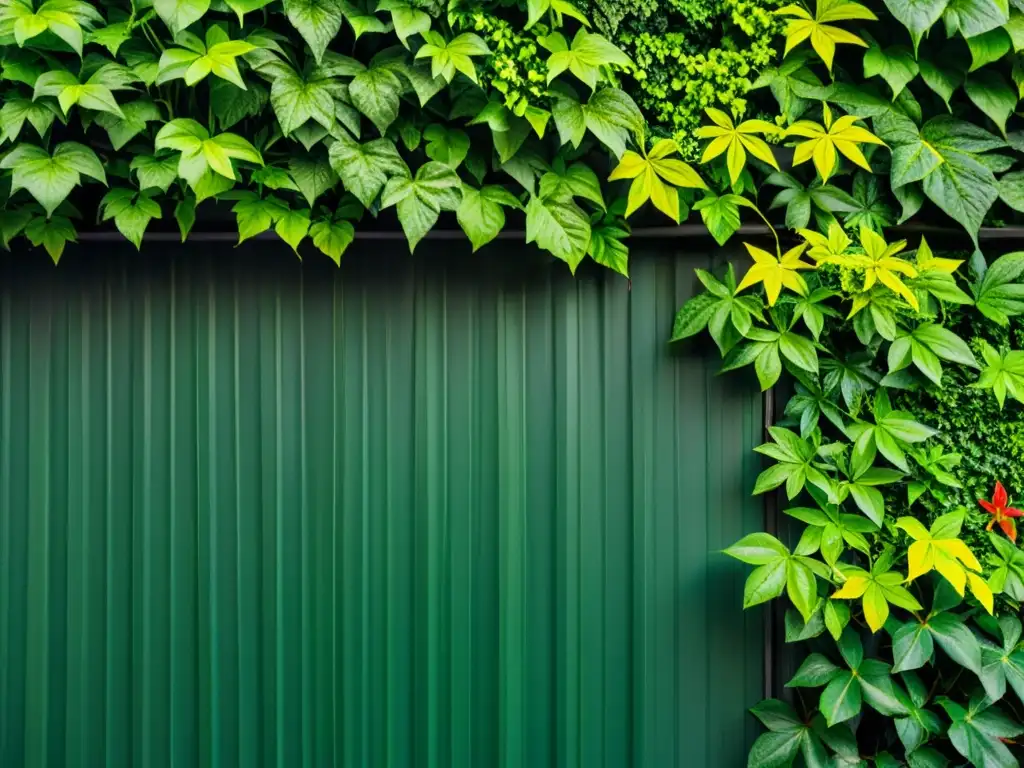 Una exuberante pared verde de follaje denso, con hojas vibrantes en tonos verdes, amarillos y rojos