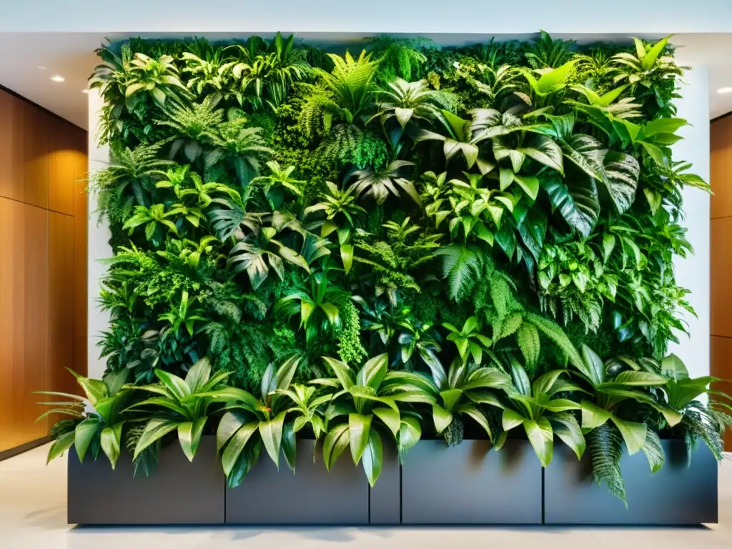 Una exuberante pared verde de plantas de interior para techos verdes en un moderno y luminoso vestíbulo de oficina