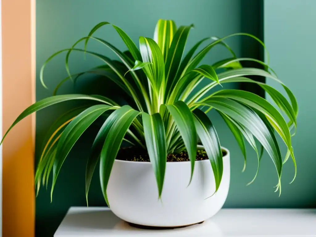 Una exuberante planta araña (Chlorophytum comosum) en maceta blanca, con hojas variegadas, iluminadas por la luz natural