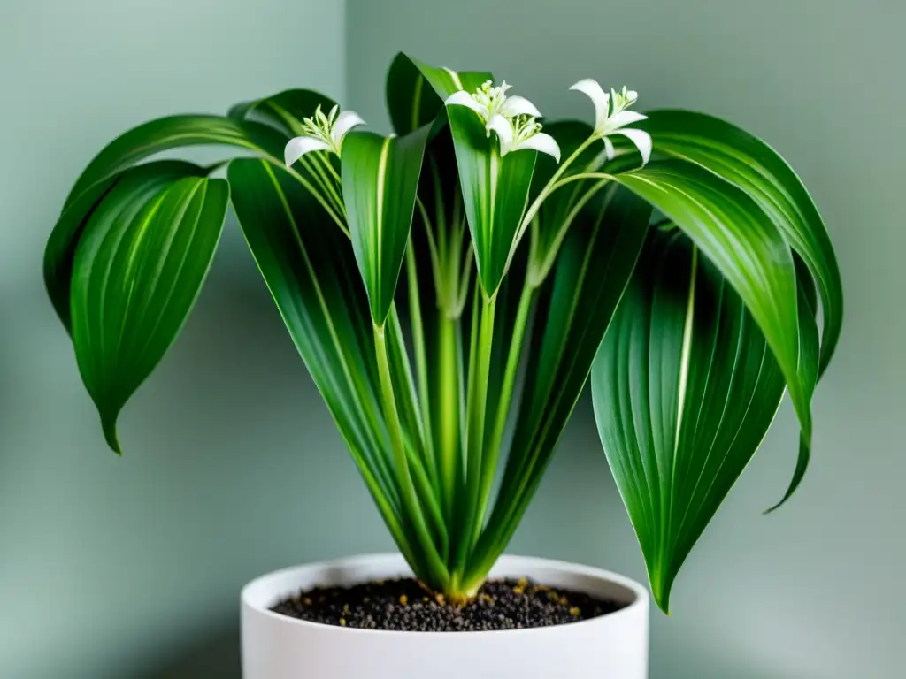 Una exuberante planta araña con flores blancas en un elegante macetero blanco