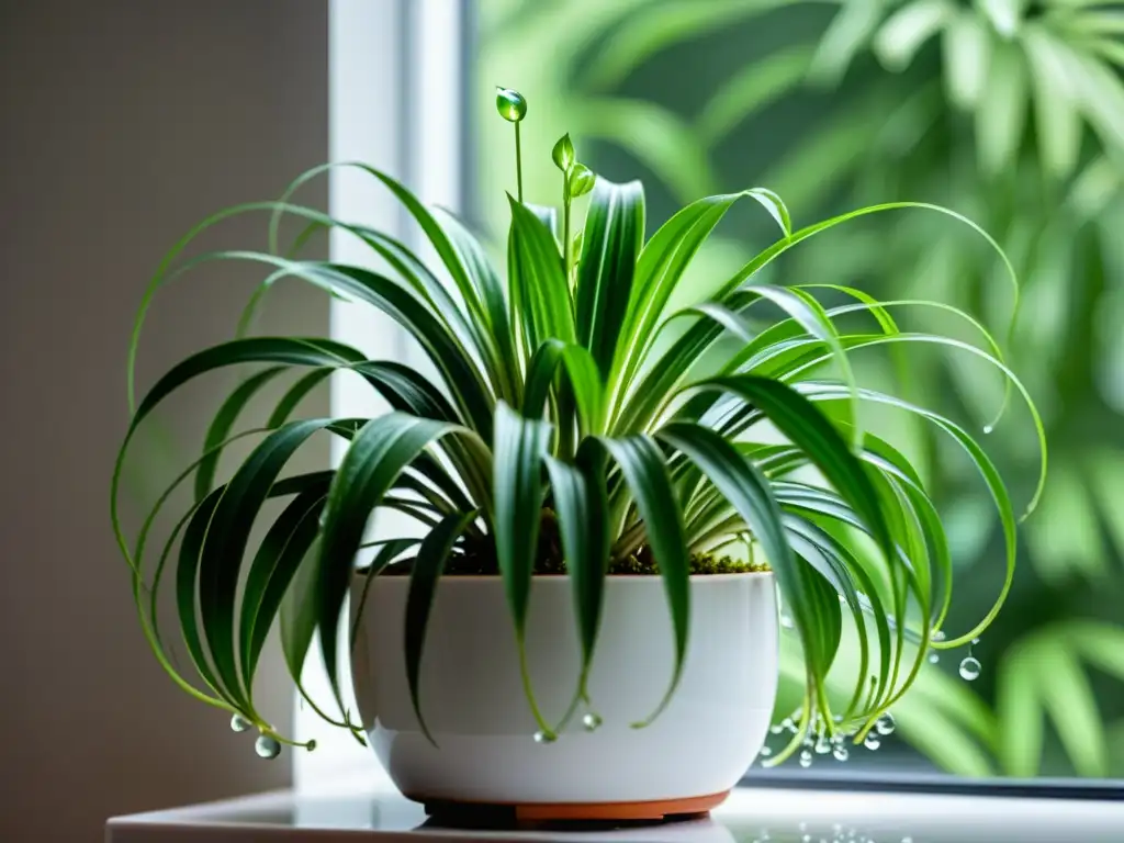 Una exuberante planta araña con hojas largas y delicadas en una maceta blanca, resaltando su belleza natural