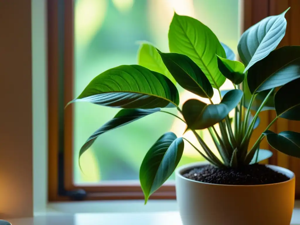 Una exuberante planta de interior bañada en cálida luz, ideal para el crecimiento