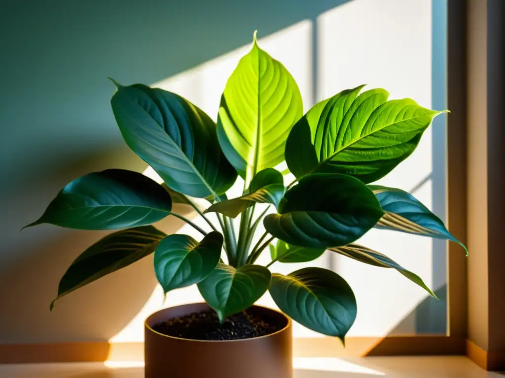 Una exuberante planta de interior bañada en suave luz cálida, mostrando detalles intrincados