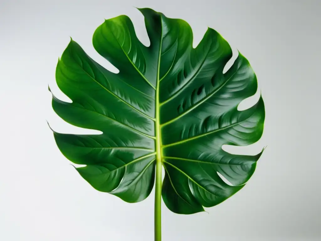 Una exuberante planta deliciosa monstera con hojas grandes y brillantes en contraste con un fondo blanco