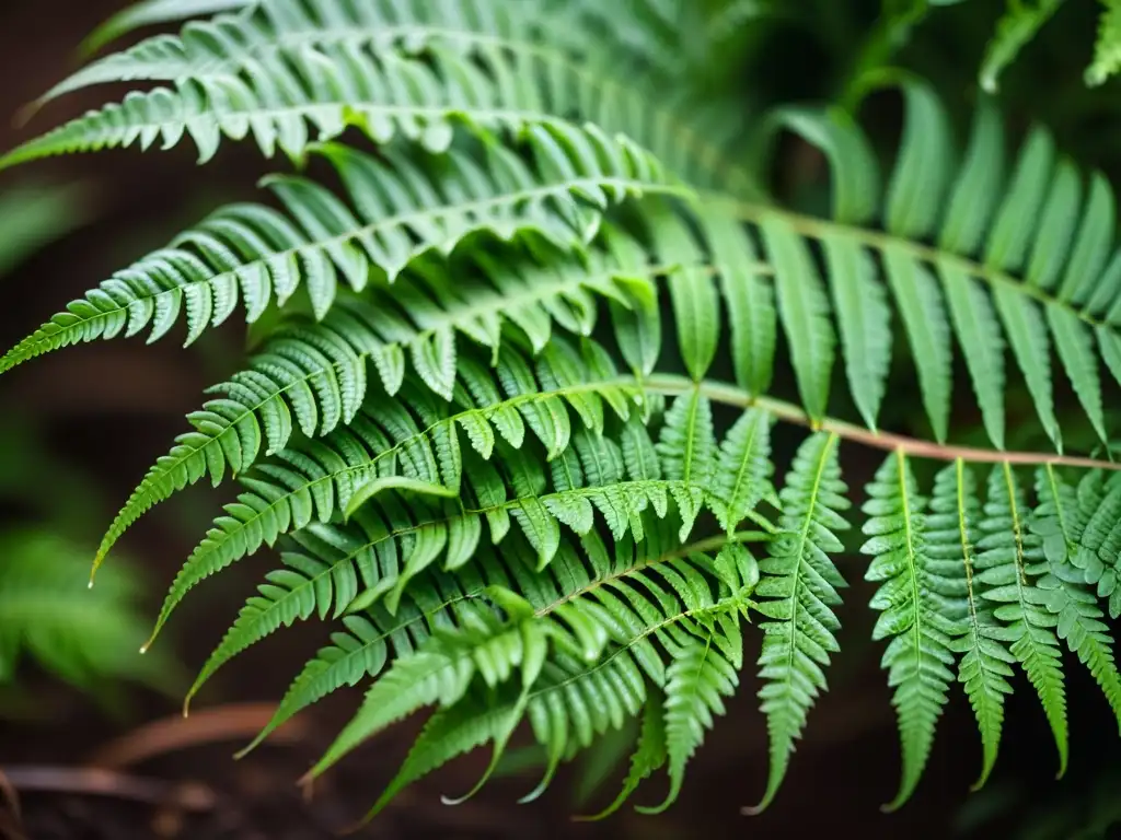 Una exuberante planta de helecho de Boston, con frondas delicadas desplegándose elegantemente sobre un suelo rico y orgánico