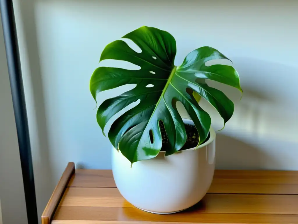 Una exuberante planta grande de interior, la Monstera Deliciosa, luce elegante en un soporte de madera moderno, bañada por suave luz natural