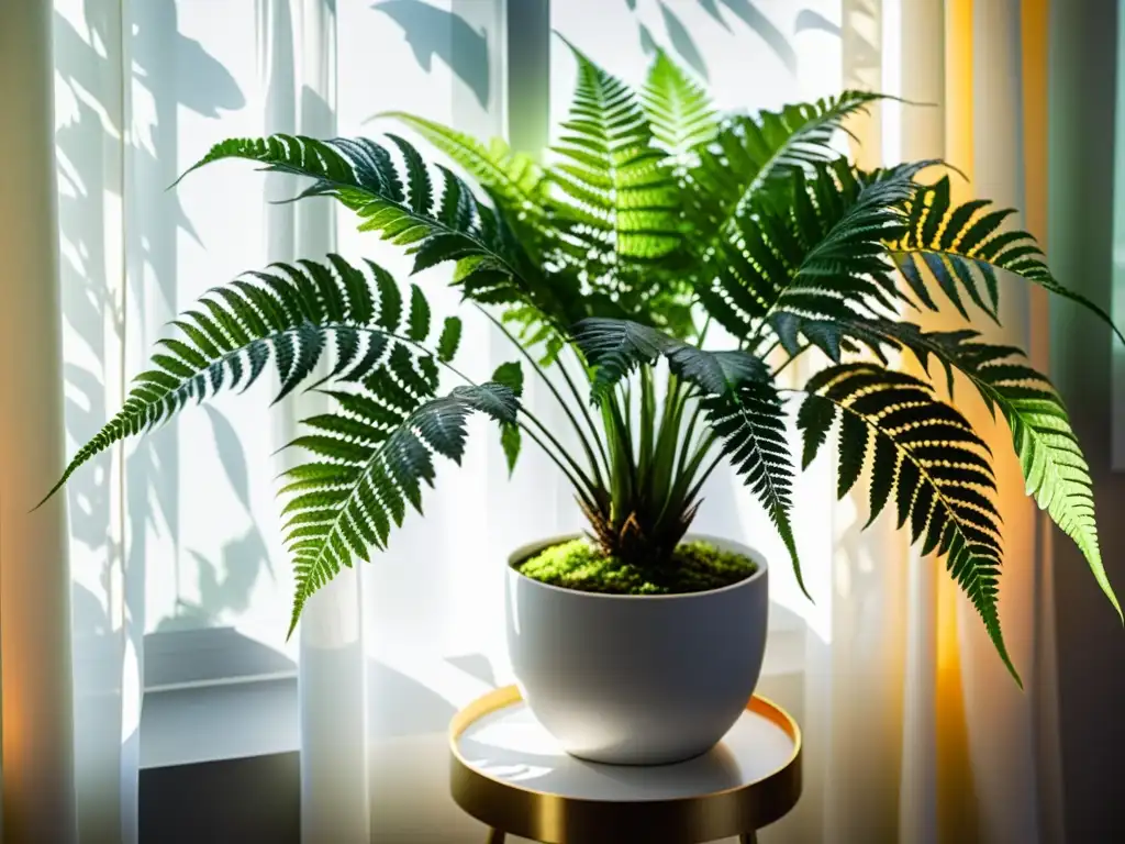 Una exuberante planta de helecho, detallada y verde, sobre un soporte moderno, junto a una ventana con cortinas blancas