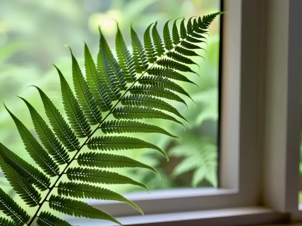 Una exuberante planta de helecho con detalles intrincados, bañada por suave luz natural