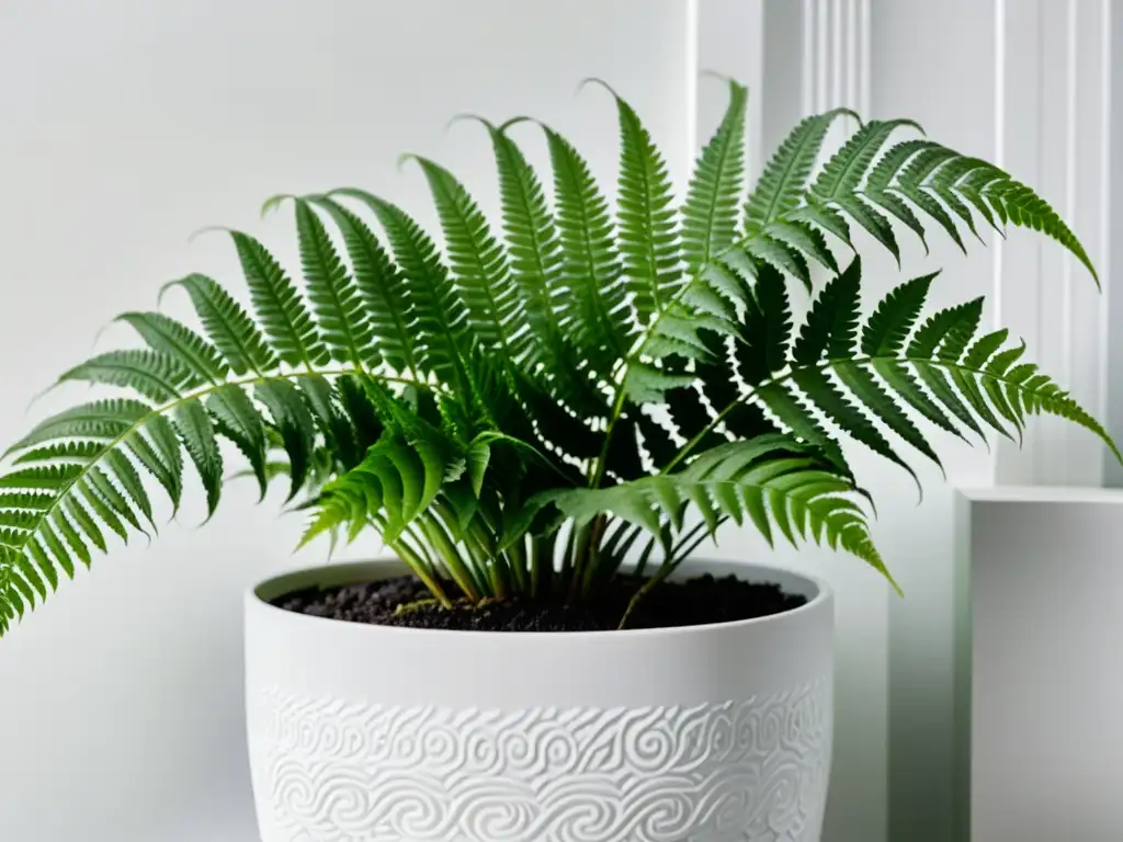 Una exuberante planta de helecho en un elegante macetero blanco, iluminada por la luz natural