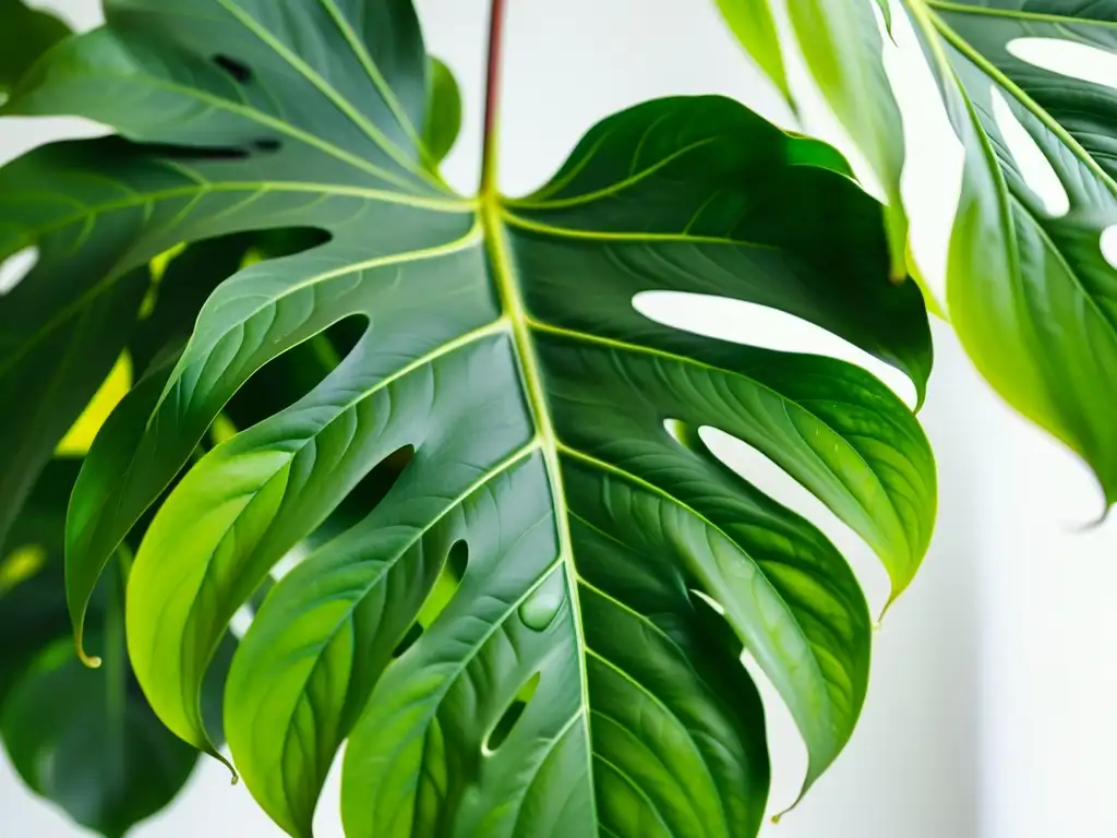 Una exuberante planta de filodendro con hojas brillantes y gotas de agua, resaltando la frescura y vitalidad