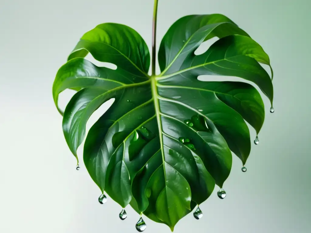 Una exuberante planta de Philodendron con hojas brillantes y gotas de rocío, en un elegante fondo blanco