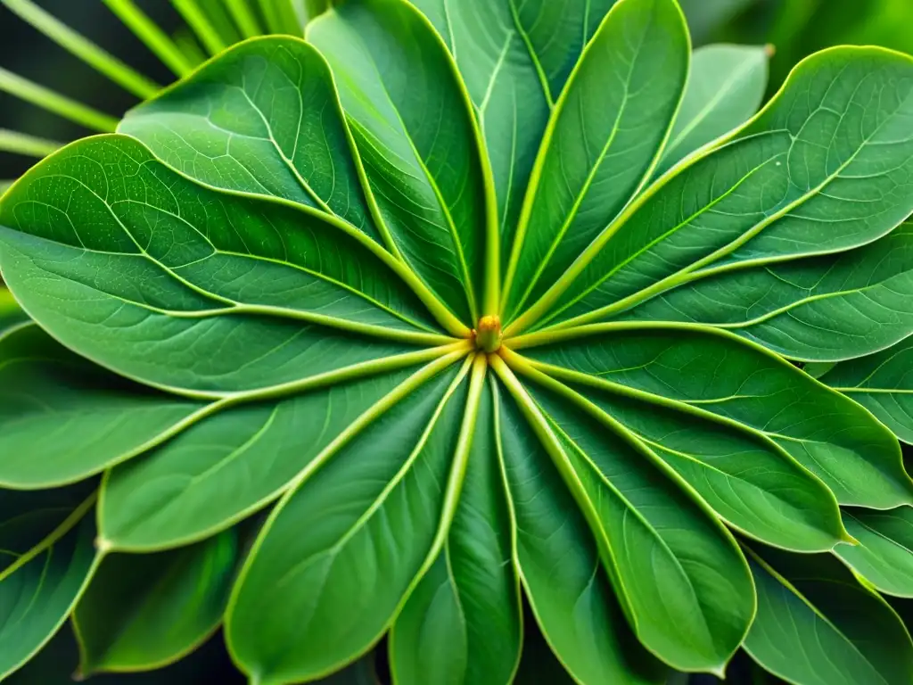 Una exuberante planta de Pachira acuática con hojas brillantes y un patrón circular, irradiando tranquilidad y prosperidad