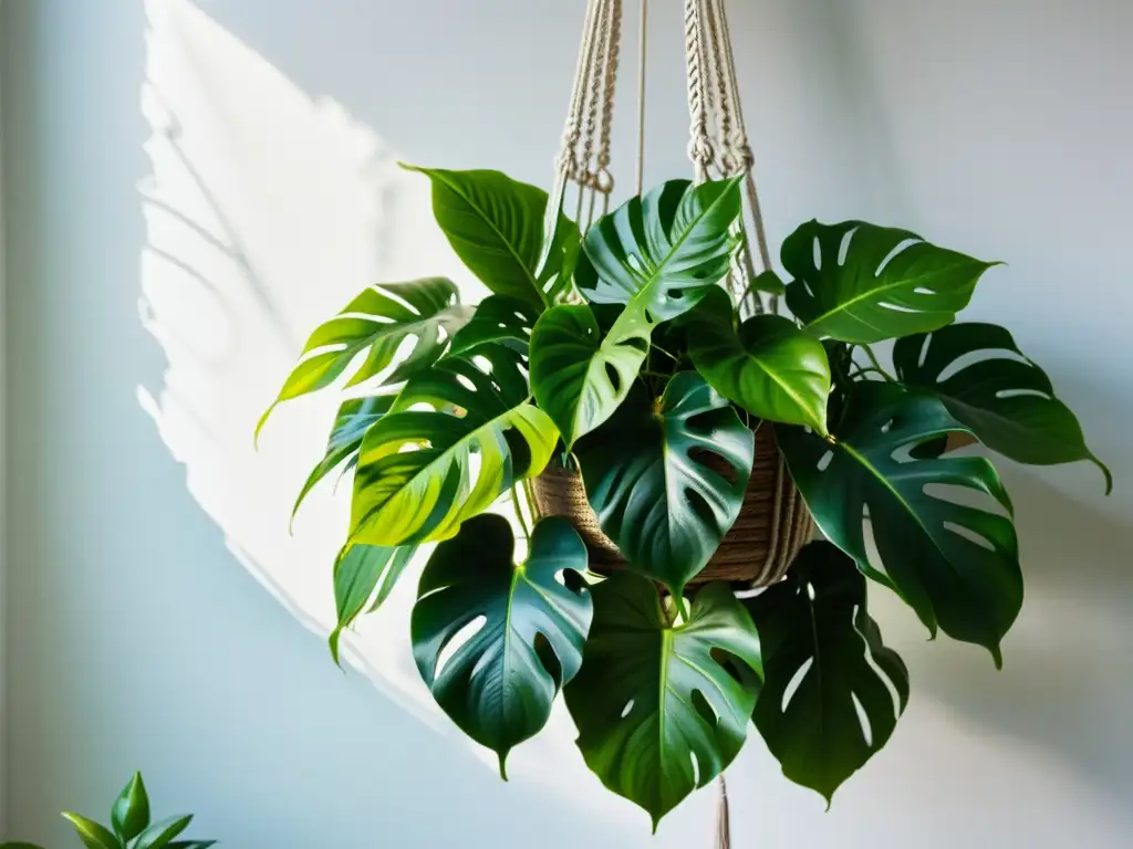 Una exuberante planta de filodendro con hojas vibrantes y saludables cayendo de un soporte de macramé contra una pared blanca