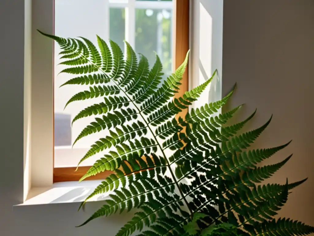 Una exuberante planta de helecho ajusta la intensidad lumínica en un interior, mientras los rayos del sol crean sombras intrincadas en la pared