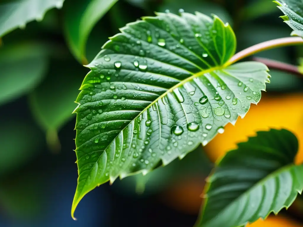 Una exuberante planta de interior en alta resolución, con hojas delicadas y gotas de agua brillantes