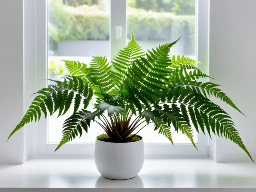 Una exuberante planta de interior en un elegante macetero blanco, en una habitación minimalista con luz natural