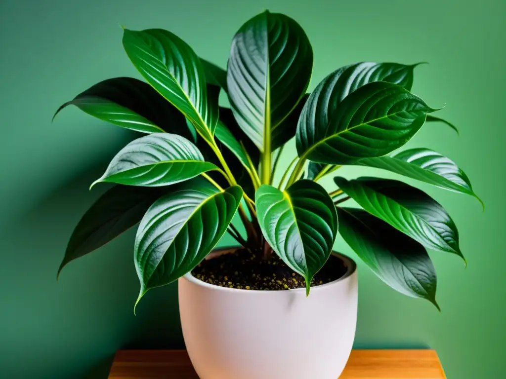 Fotografía de una exuberante planta de interior en una elegante maceta, con un fondo minimalista que irradia tranquilidad y elegancia